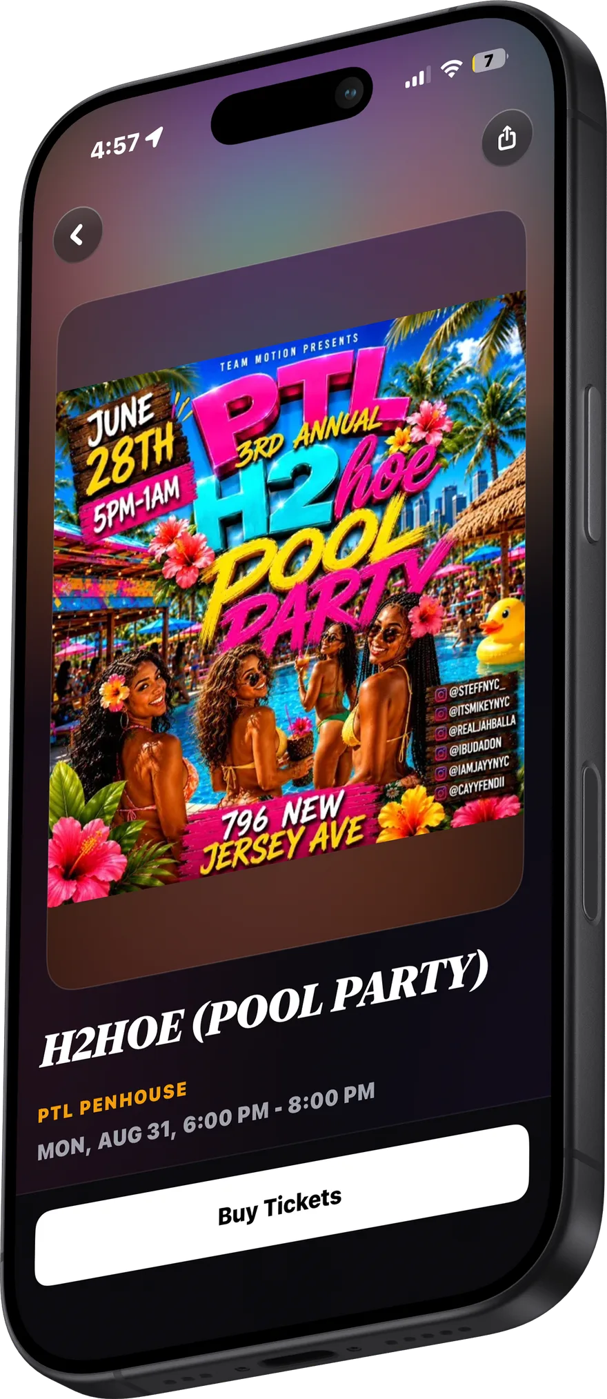 A Clubly event page on a guest's phone with a Buy Tickets button