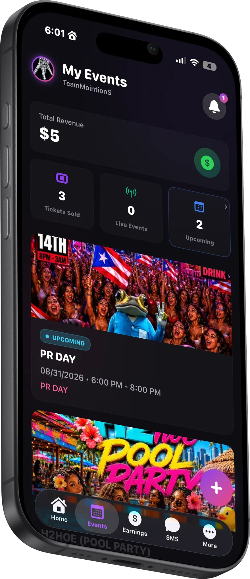 The organizer app's My Events screen with revenue and upcoming events